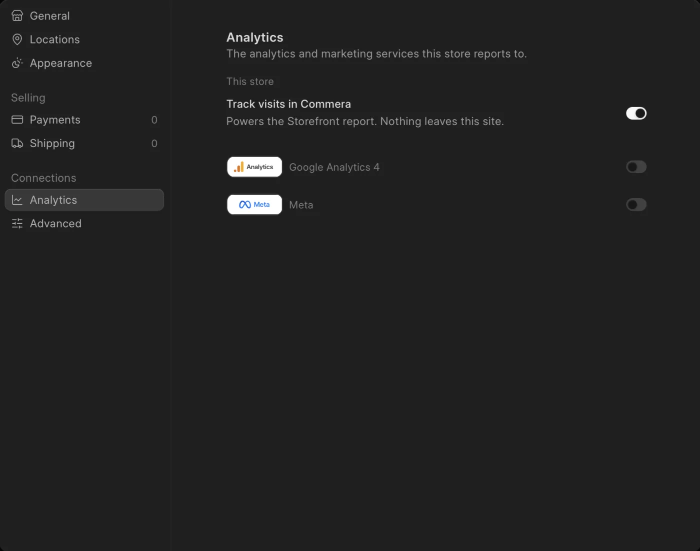 Analytics connection settings in the Commera dashboard