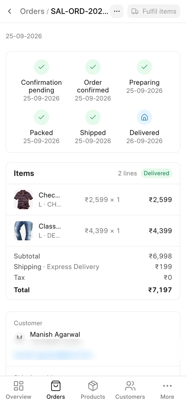 An order in the Commera dashboard with its delivery steps