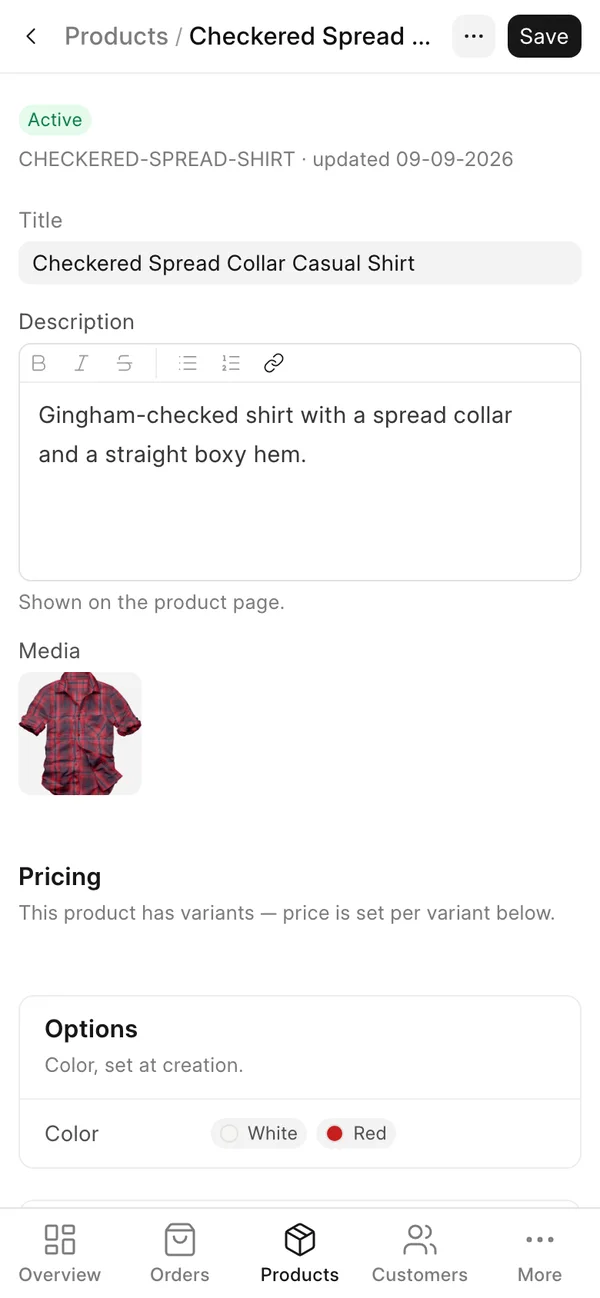 A product with its variants in the Commera dashboard