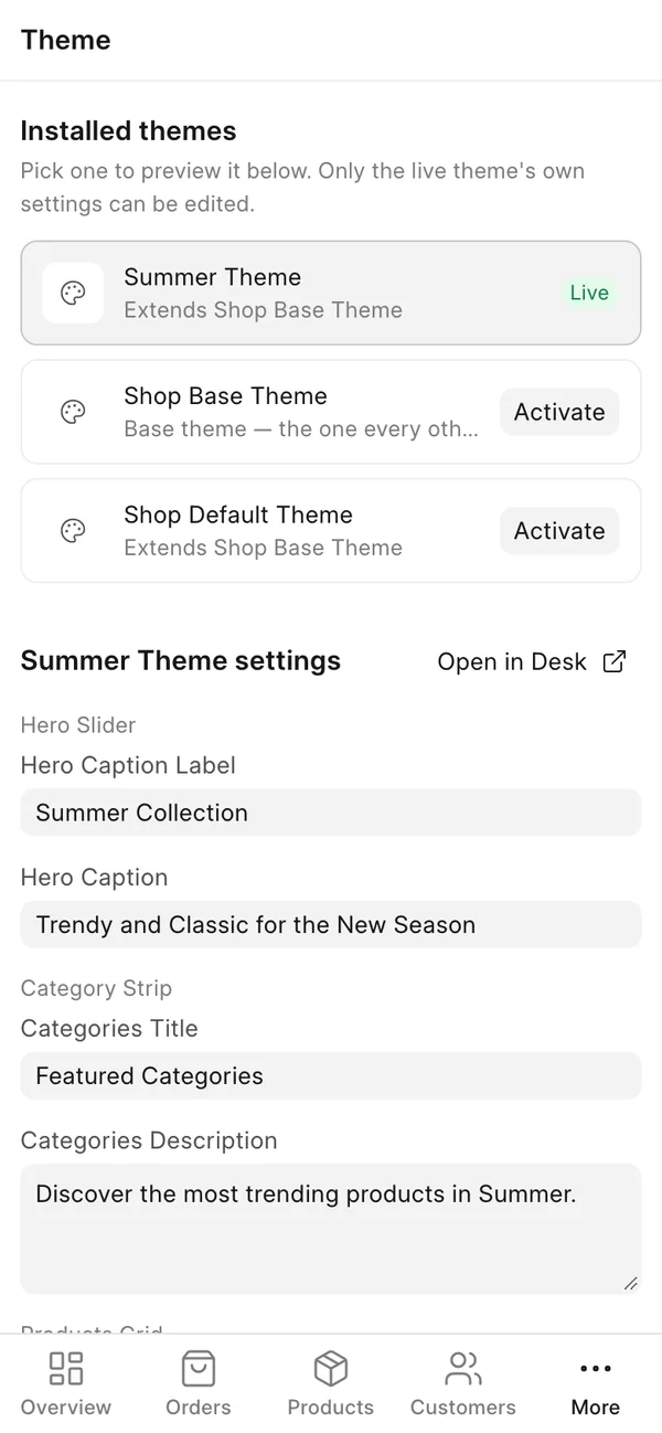 Theme settings in the Commera dashboard