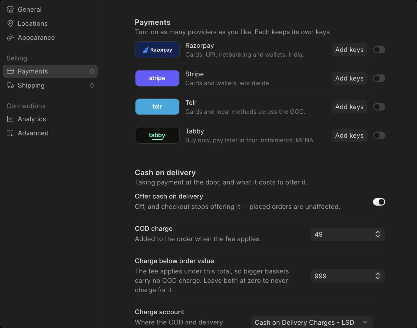Payment provider settings in the Commera dashboard