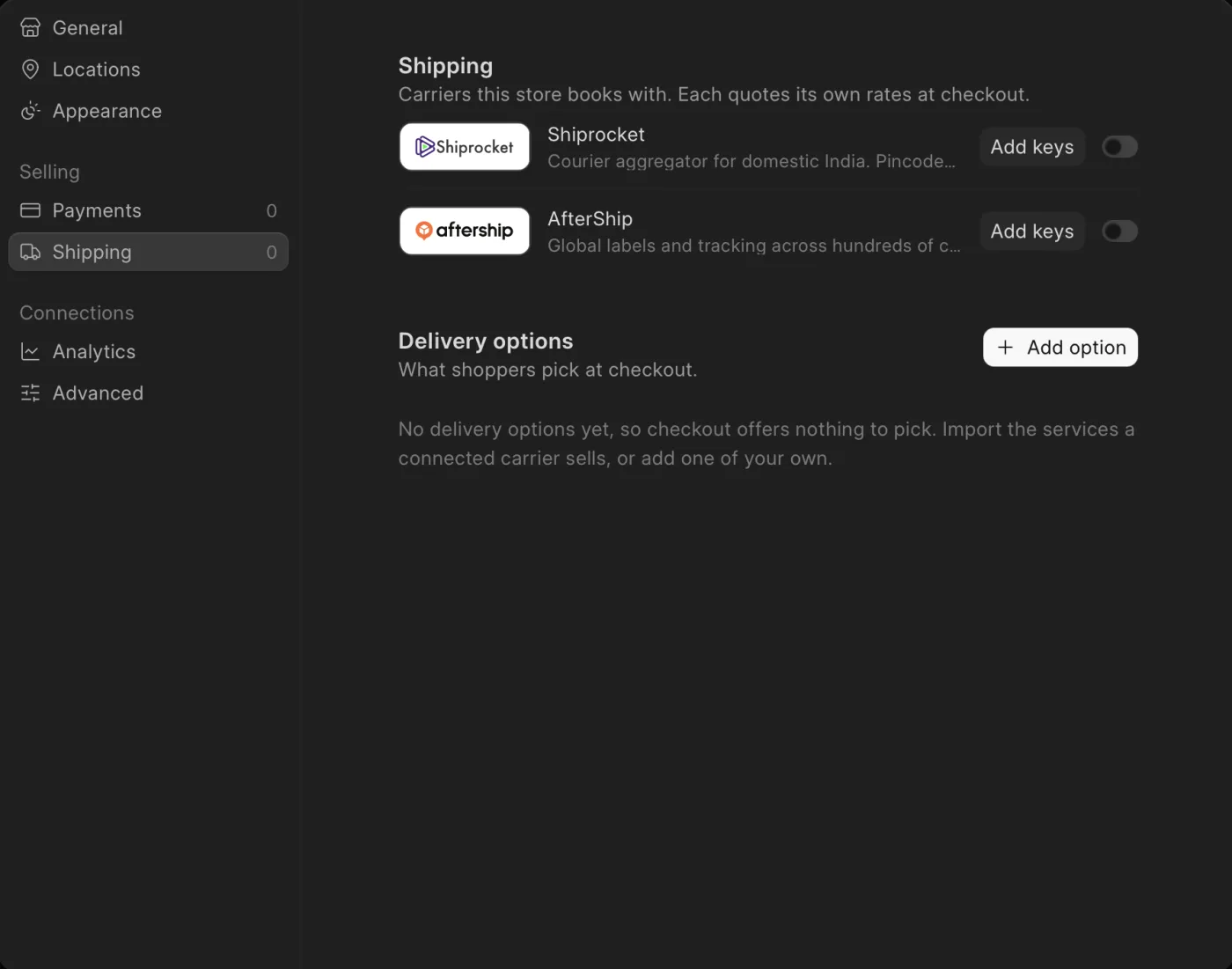 Shipping carrier settings in the Commera dashboard